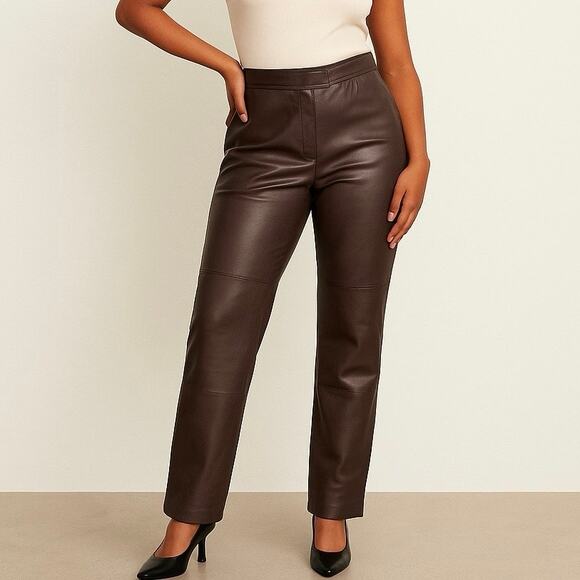 Brandon Thomas Size 12 Women's Leather Straight Pants Dark Brown Raw Hem NEW - Picture 1 of 14